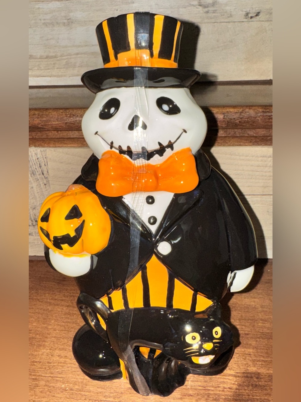🥰 Blue Sky Halloween Skelton Holding a pumpkin 🎃, black cat 🐈‍⬛ Cookie Jar 🆕